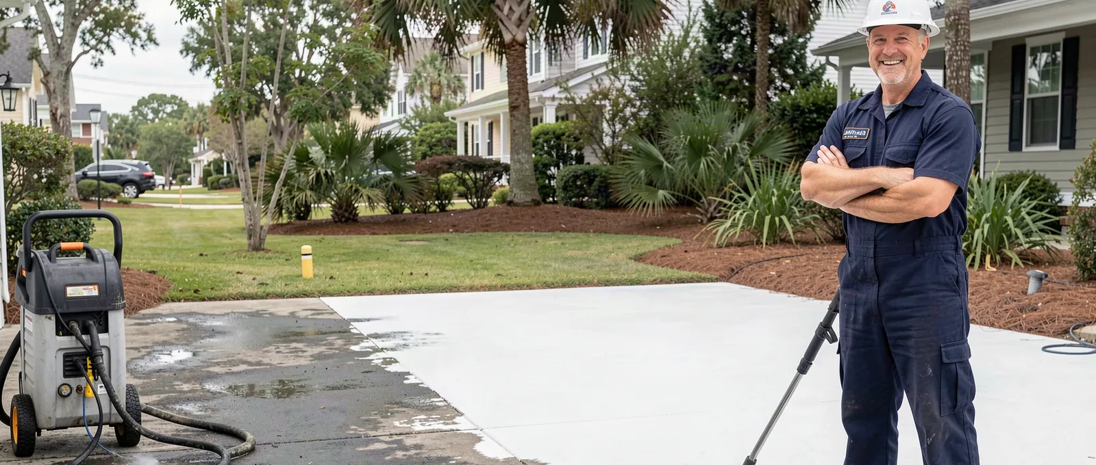 Pressure washing contractor on a job site in Myrtle Beach, SC